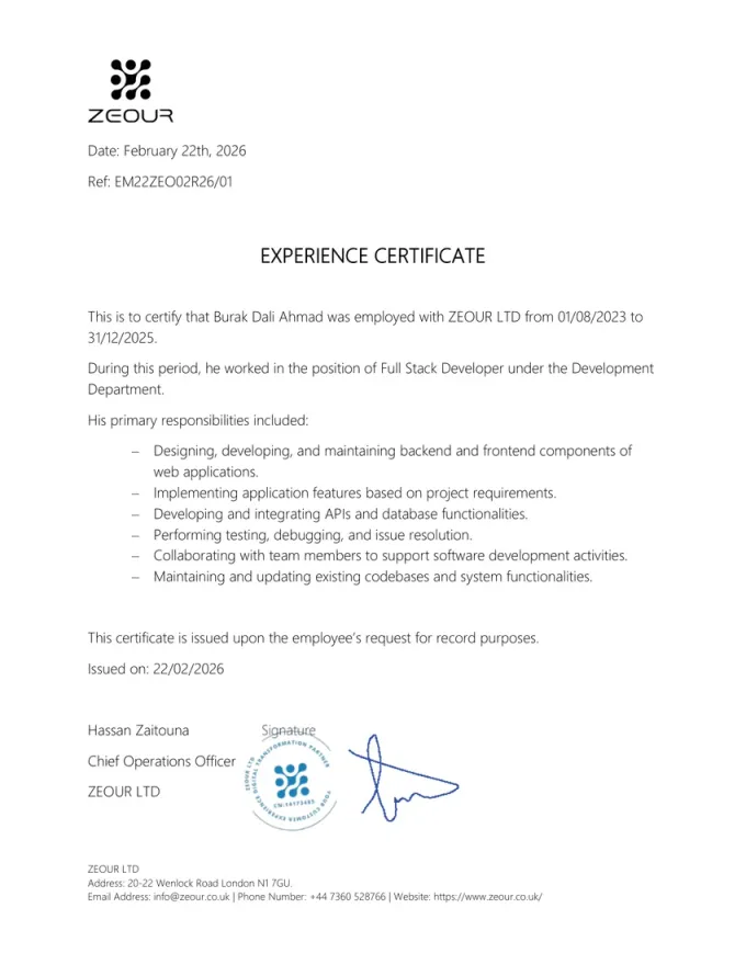 Experience Certificate — ZEOUR LTD